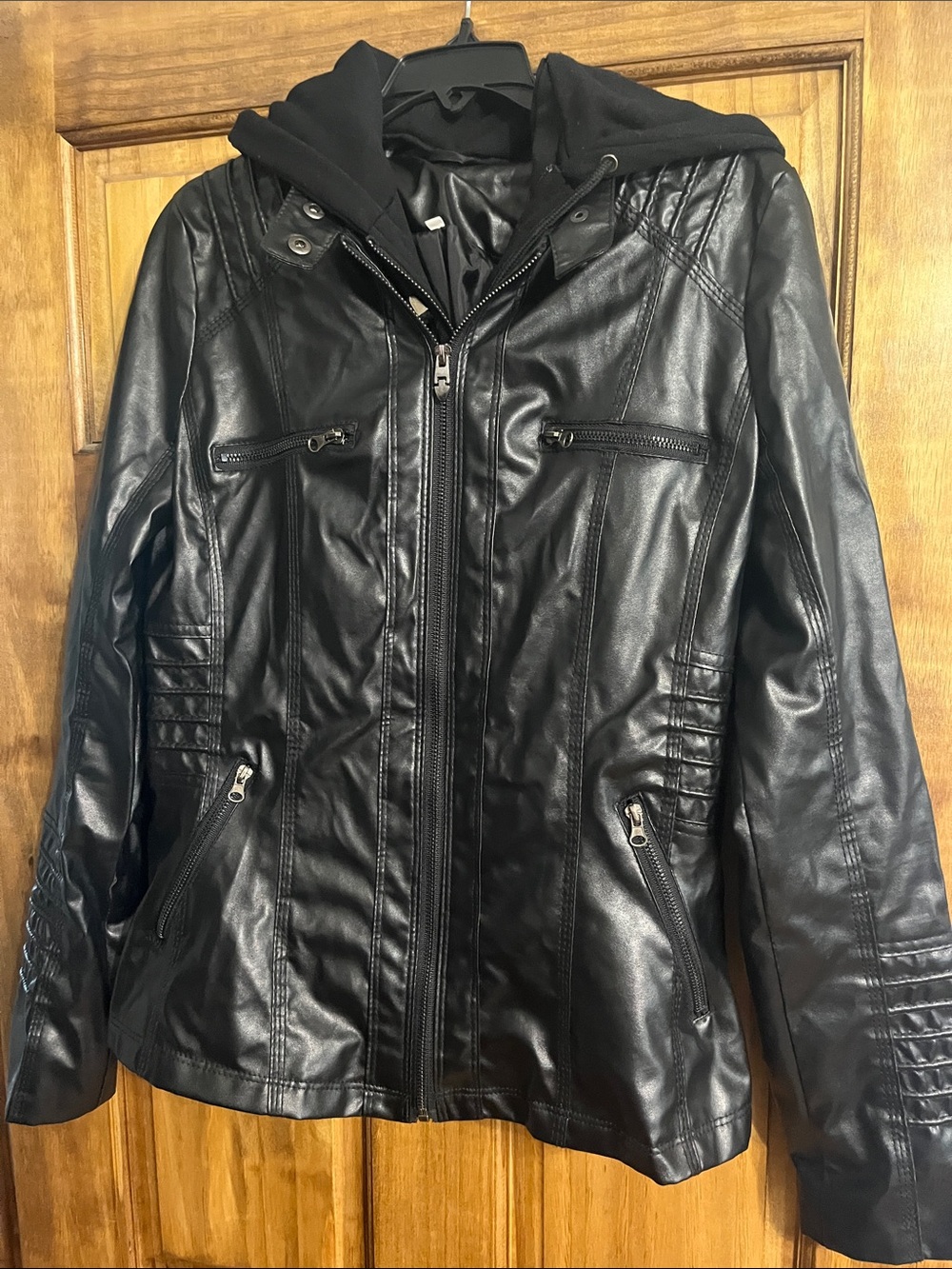 Black Faux Leather Hooded Zip Jacket for Women